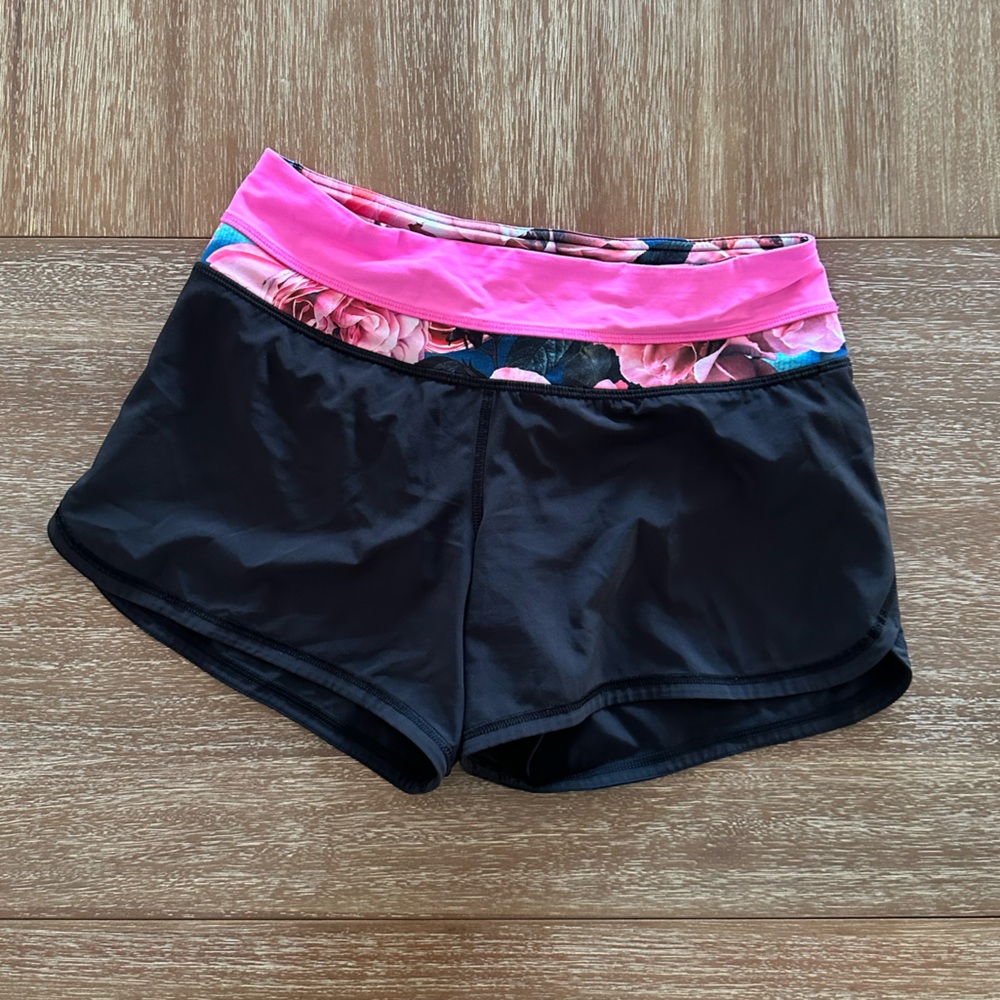 Lululemon Black Athletic Shirts with Floral Print Waistband